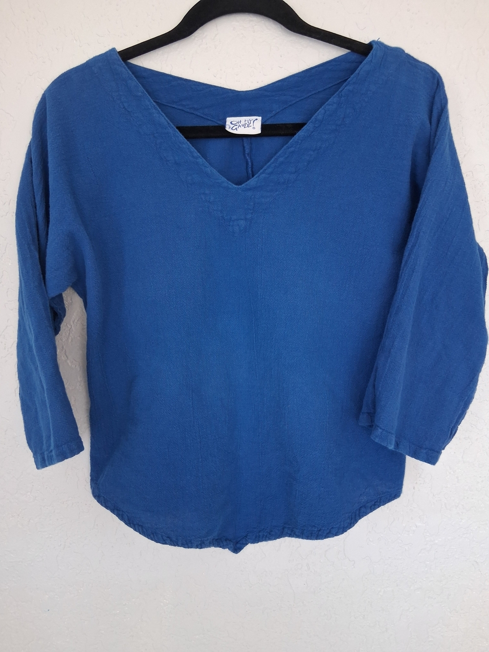 Oh My Gauze Blue Cotton Gauze Top Size 1 V Neck 3/4 Sleeve Lagenlook Resort